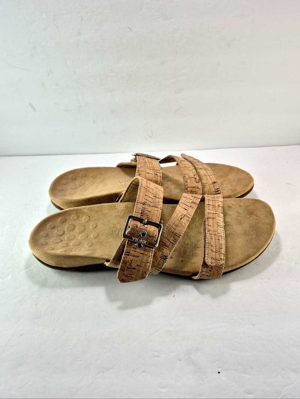 Vionic Skylar Gold Flecked Cork-Style Tan Slide Sandals 12w